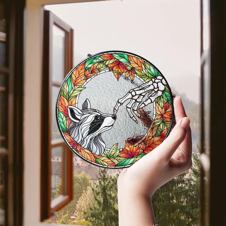 Skeleton Touching Raccoon Boop Faux Stained Glass Suncatcher Decor, Raccoon Window Hanging Decor, Halloween Suncatcher, Halloween Raccoon Decor