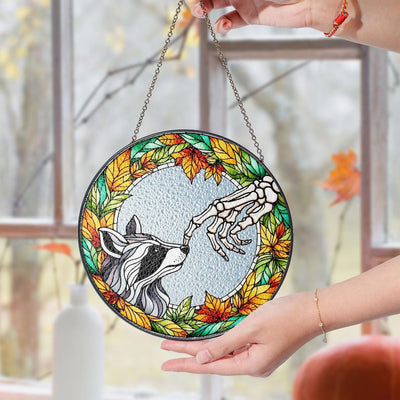 Skeleton Touching Raccoon Boop Faux Stained Glass Suncatcher Decor, Raccoon Window Hanging Decor, Halloween Suncatcher, Halloween Raccoon Decor