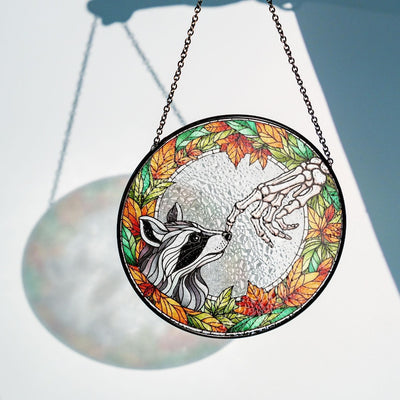 Skeleton Touching Raccoon Boop Faux Stained Glass Suncatcher Decor, Raccoon Window Hanging Decor, Halloween Suncatcher, Halloween Raccoon Decor