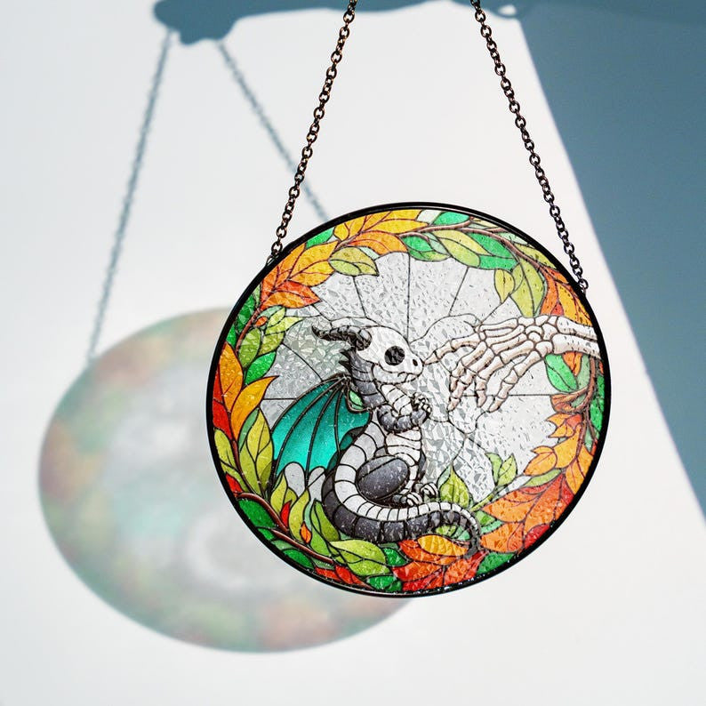 Skeleton Touching Baby Spooky Dragon Boop Faux Stained Glass Suncatcher Decor, Cute Dragon Window Hanging Decor, Halloween Suncatcher Decor