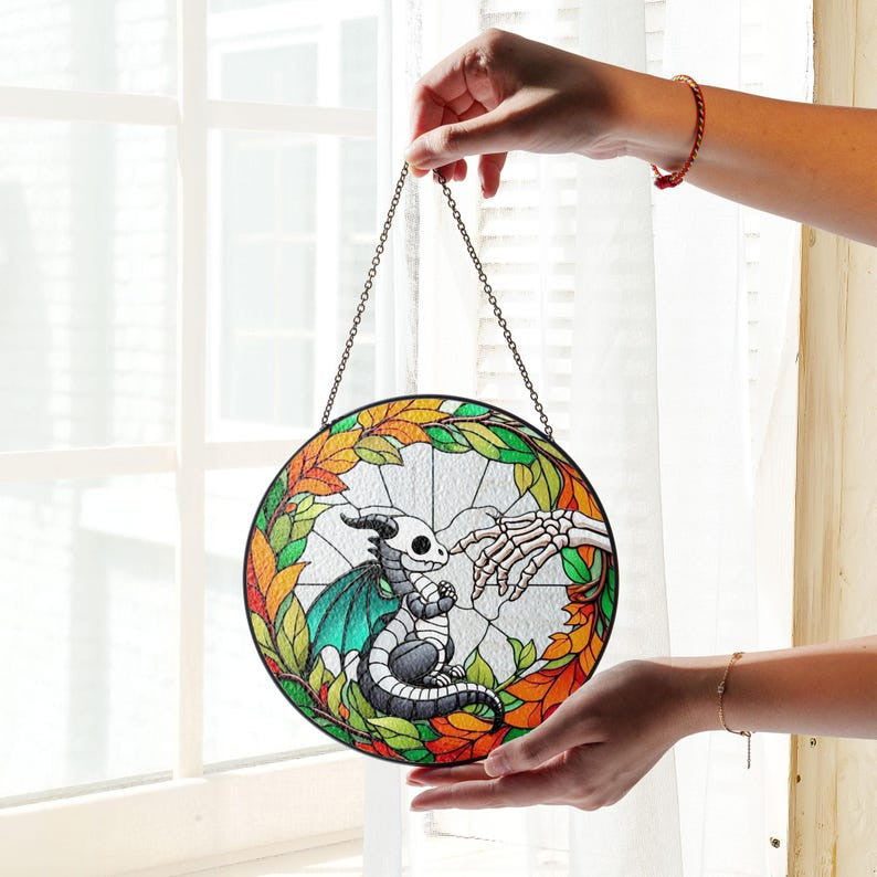 Skeleton Touching Baby Spooky Dragon Boop Faux Stained Glass Suncatcher Decor, Cute Dragon Window Hanging Decor, Halloween Suncatcher Decor