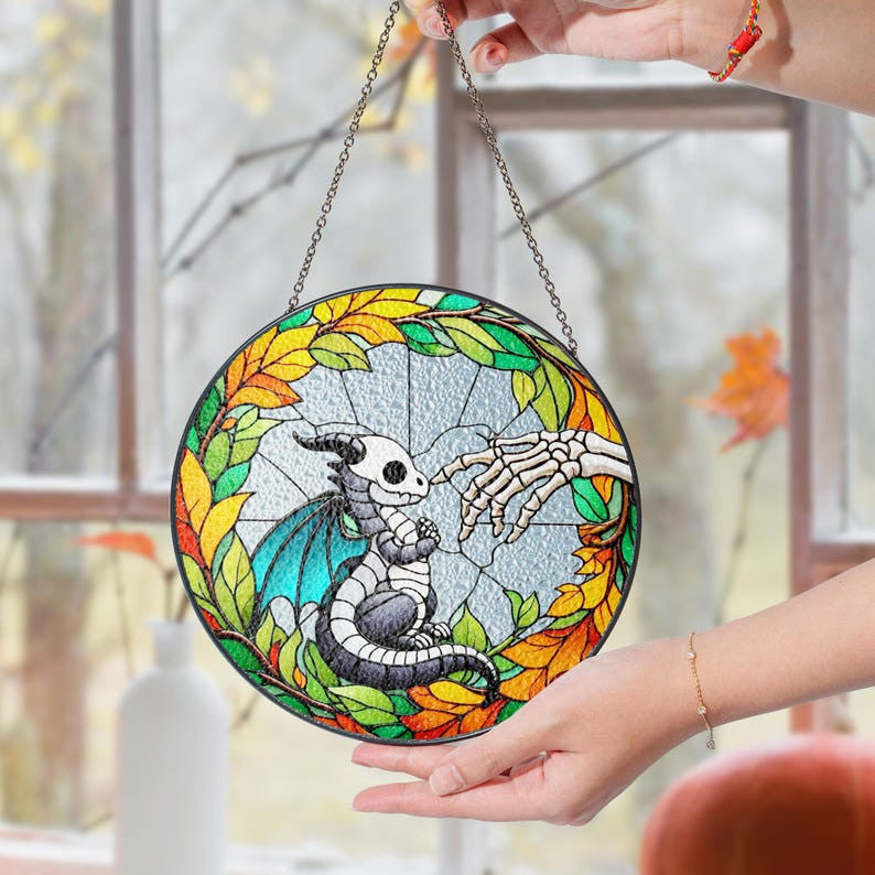 Skeleton Touching Baby Spooky Dragon Boop Faux Stained Glass Suncatcher Decor, Cute Dragon Window Hanging Decor, Halloween Suncatcher Decor