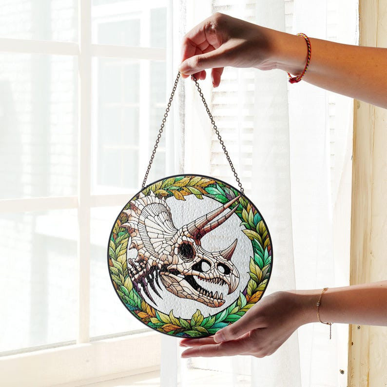 Skeleton Dinosaur T-Triceratops Faux Stained Glass Suncatcher Decor, Triceratops Window Hanging Decor, Halloween Dinosaur Suncatcher Decor