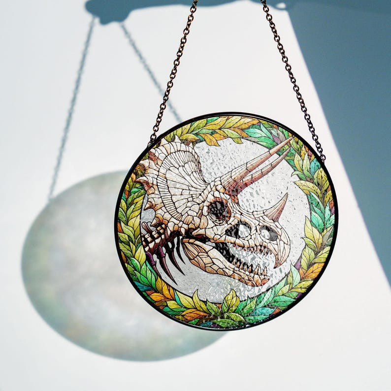Skeleton Dinosaur T-Triceratops Faux Stained Glass Suncatcher Decor, Triceratops Window Hanging Decor, Halloween Dinosaur Suncatcher Decor