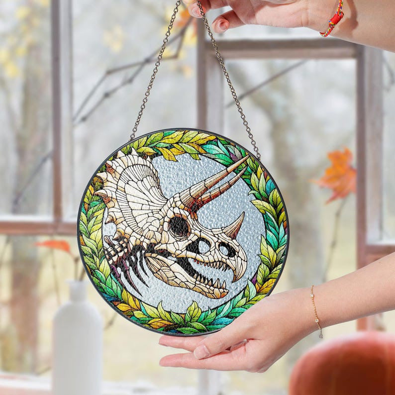 Skeleton Dinosaur T-Triceratops Faux Stained Glass Suncatcher Decor, Triceratops Window Hanging Decor, Halloween Dinosaur Suncatcher Decor