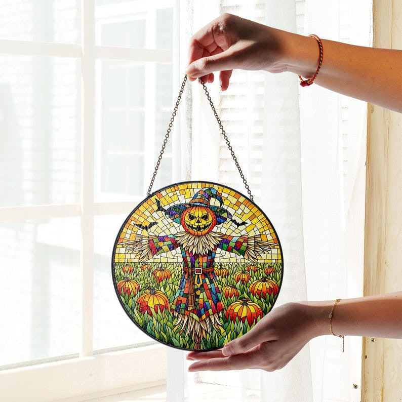 Halloween scary Scarecrow pumpkin Faux Stained Glass Suncatcher Decor, Scarecrow Window Hanging Decor, Halloween Suncatcher, Pumpkin Sign