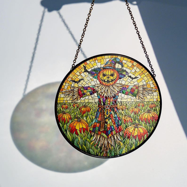 Halloween scary Scarecrow pumpkin Faux Stained Glass Suncatcher Decor, Scarecrow Window Hanging Decor, Halloween Suncatcher, Pumpkin Sign