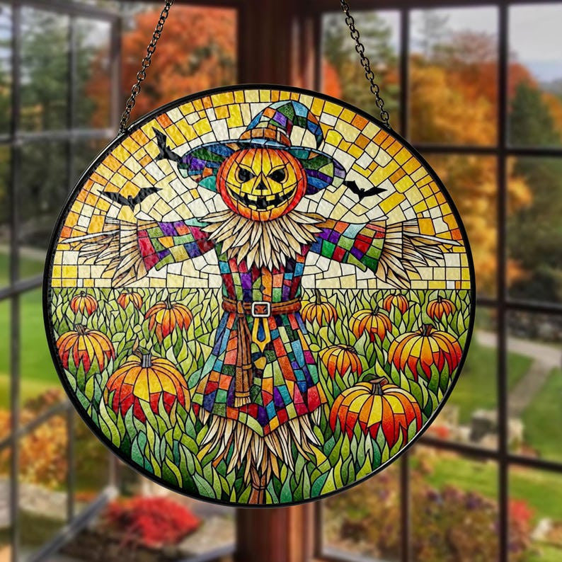 Halloween scary Scarecrow pumpkin Faux Stained Glass Suncatcher Decor, Scarecrow Window Hanging Decor, Halloween Suncatcher, Pumpkin Sign