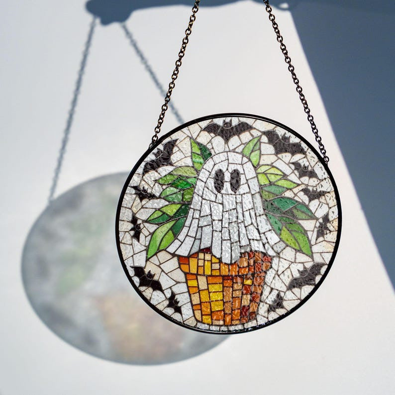 Ghost Plant Faux Stained Glass Suncatcher Decor, Spooky Ghost Window Hanging Decor, Halloween Plant Mom Suncatcher, Gardening Gift Art, Bat