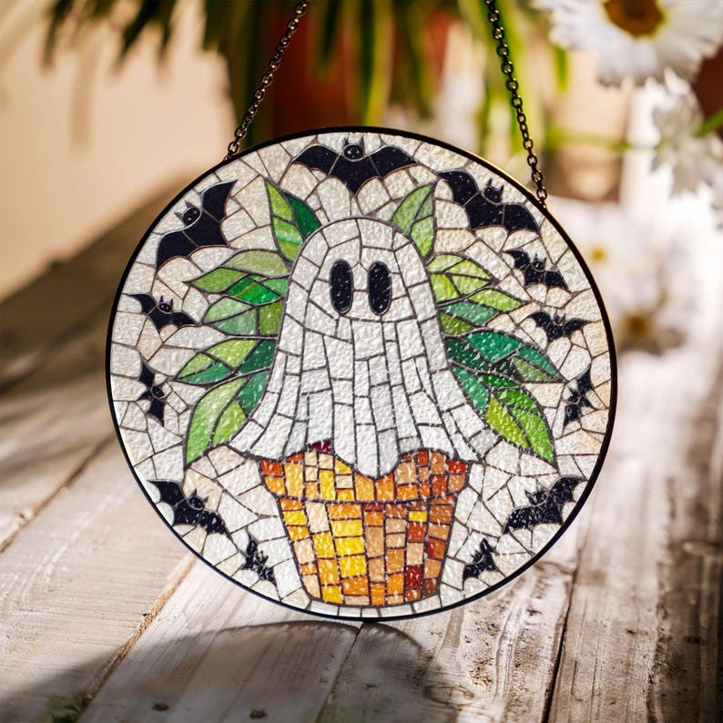 Ghost Plant Faux Stained Glass Suncatcher Decor, Spooky Ghost Window Hanging Decor, Halloween Plant Mom Suncatcher, Gardening Gift Art, Bat