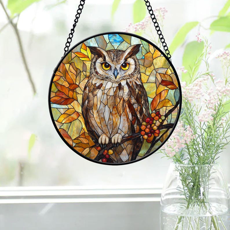 Owl Faux Faux Stained Glass Suncatcher, Owl Faux Stained Glass Window Hanging, Bird Ornament Home Decor, Christmas Gift, Bird Lover, Housewarming Gift