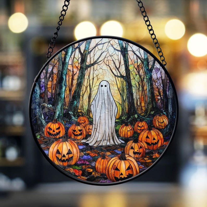 Spooky Ghost in the Woods Faux Faux Stained Glass Suncatcher, Fall Vibes Spooky Ghost Decor, Halloween Decor, Halloween Gifts, Spooky Vibes Gift