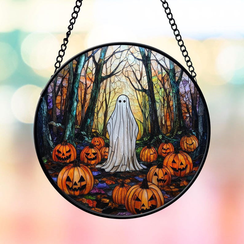 Spooky Ghost in the Woods Faux Faux Stained Glass Suncatcher, Fall Vibes Spooky Ghost Decor, Halloween Decor, Halloween Gifts, Spooky Vibes Gift