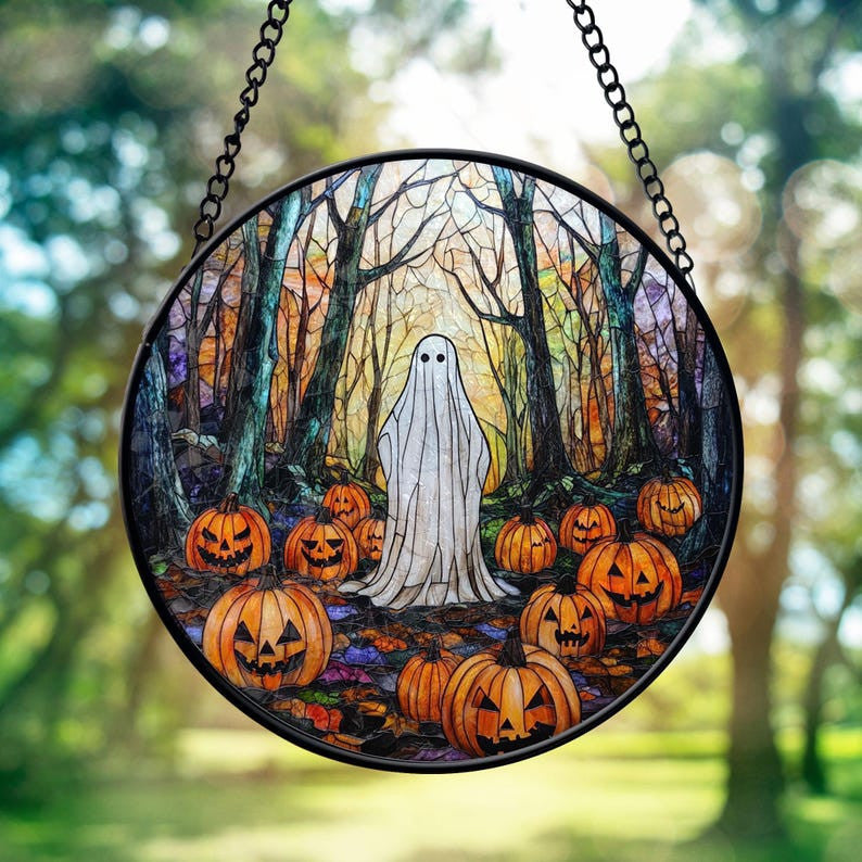 Spooky Ghost in the Woods Faux Faux Stained Glass Suncatcher, Fall Vibes Spooky Ghost Decor, Halloween Decor, Halloween Gifts, Spooky Vibes Gift