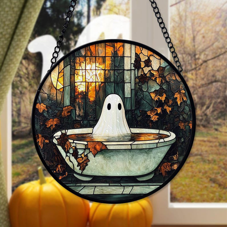 Spooky Ghost in Bathtub Faux Faux Stained Glass Suncatcher, Funny Spooky Ghost Decor, Halloween Decor, Halloween Gifts, Spooky Vibes Gift