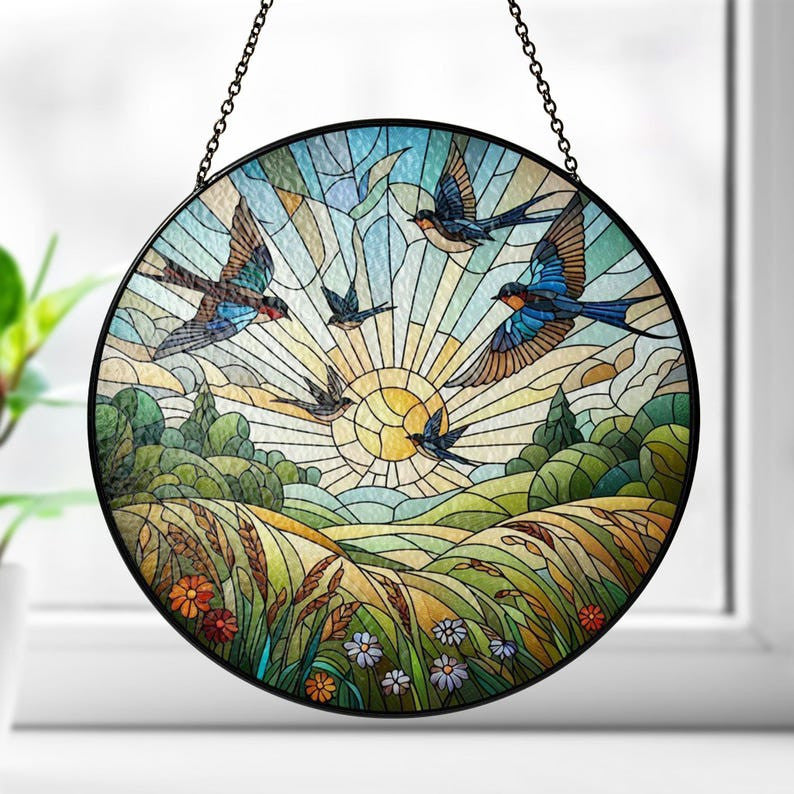 Birds Flying Over a Meadow Faux Stained Glass Suncatcher Decor, Birds Window Hanging, Meadow Field Landscape Suncatcher, Housewarming Gift