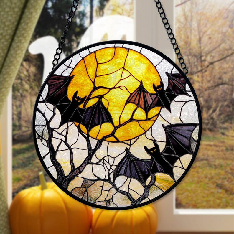 Halloween Bats Faux Faux Stained Glass Suncatcher, Bats with Moon Decor, Halloween Decor, Halloween Gifts, Spooky Vibes Gift