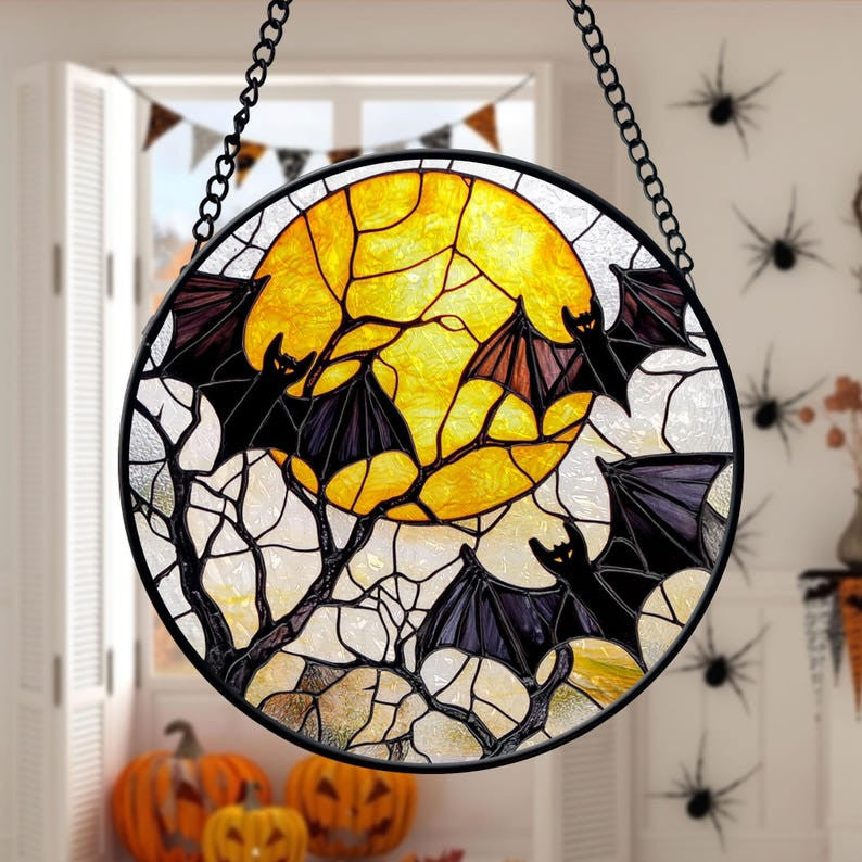 Halloween Bats Faux Faux Stained Glass Suncatcher, Bats with Moon Decor, Halloween Decor, Halloween Gifts, Spooky Vibes Gift