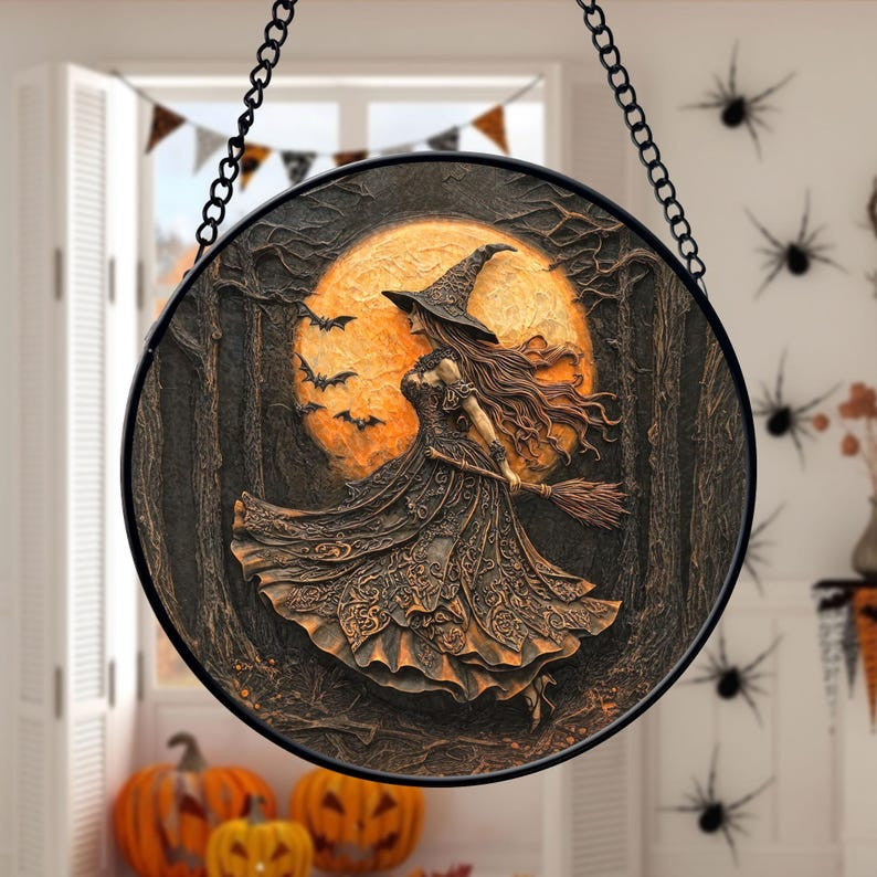 Witchy Gothic 3D Relief Art Faux Stained Glass Suncatcher, Spooky Season Ornament Decor, Halloween Decor, Halloween Decoration, Spooky Vibes Gift