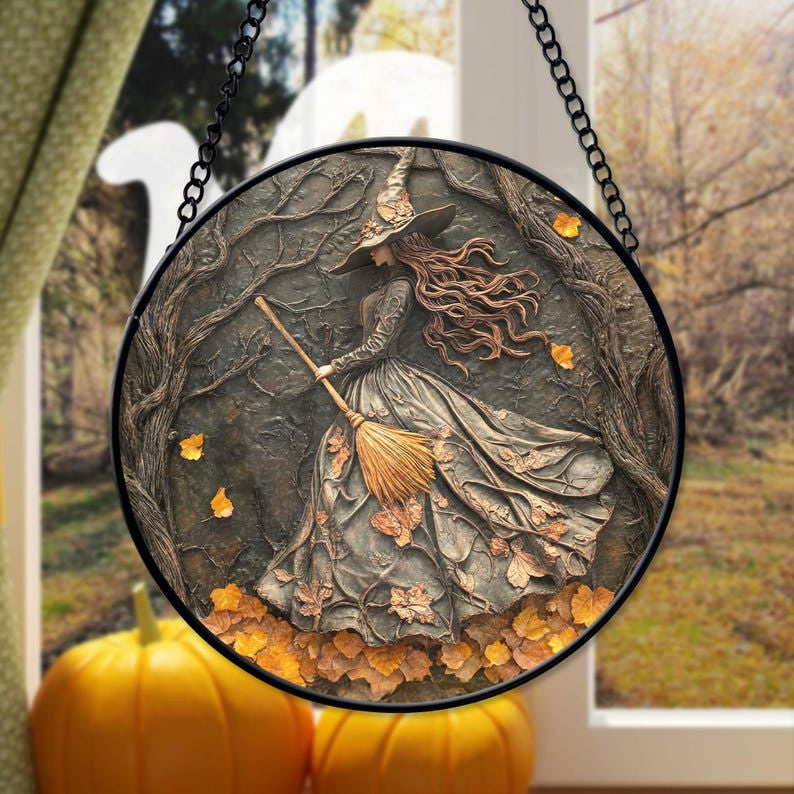 Witchy Gothic 3D Relief Art Faux Stained Glass Suncatcher, Spooky Season Ornament Decor, Halloween Decor, Halloween Decoration, Spooky Vibes Gift