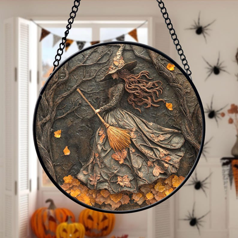 Witchy Gothic 3D Relief Art Faux Stained Glass Suncatcher, Spooky Season Ornament Decor, Halloween Decor, Halloween Decoration, Spooky Vibes Gift
