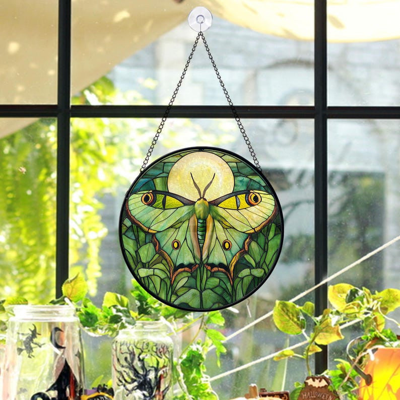 Faux Faux Stained Glass Luna Moth Suncatcher, Luna Moth Christmas Decor, Butterfly Lover Window Hanging Ornament, Birthday Gift, Butterfly Decor