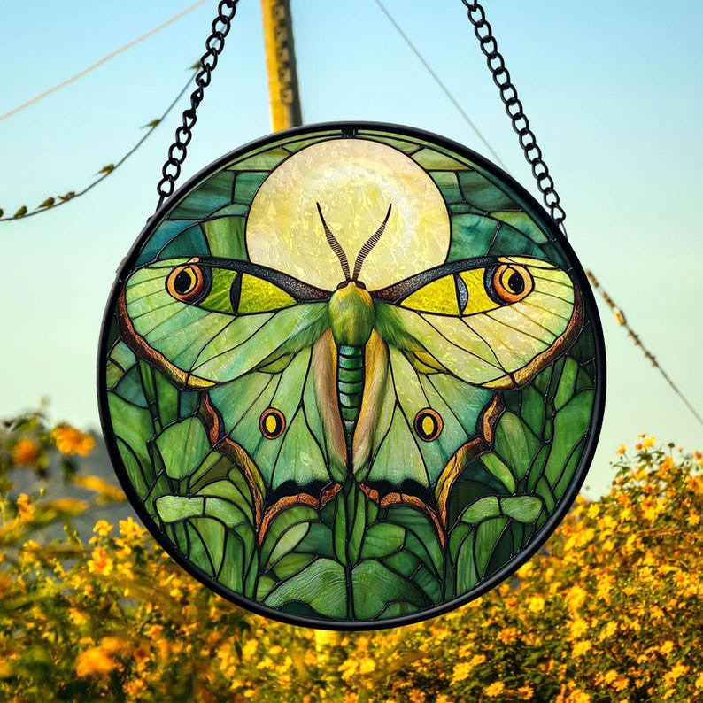 Faux Faux Stained Glass Luna Moth Suncatcher, Luna Moth Christmas Decor, Butterfly Lover Window Hanging Ornament, Birthday Gift, Butterfly Decor