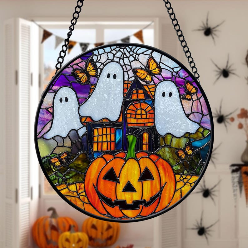 Spooky Ghost Faux Faux Stained Glass Suncatcher, Spooky Ghost and Pumpkin Decor, Halloween Decor, Halloween Gifts, Spooky Vibes Gift