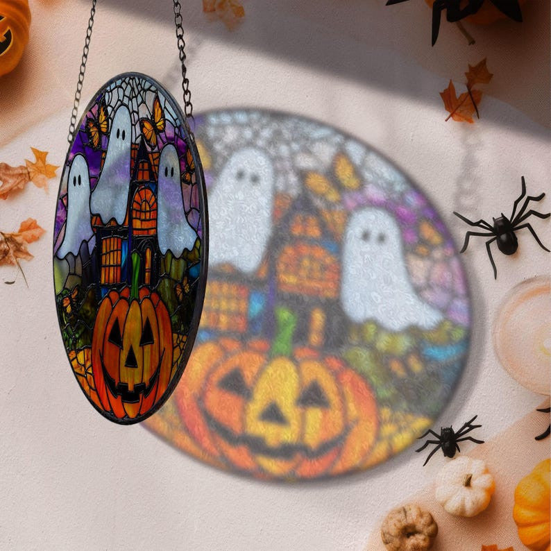 Spooky Ghost Faux Faux Stained Glass Suncatcher, Spooky Ghost and Pumpkin Decor, Halloween Decor, Halloween Gifts, Spooky Vibes Gift