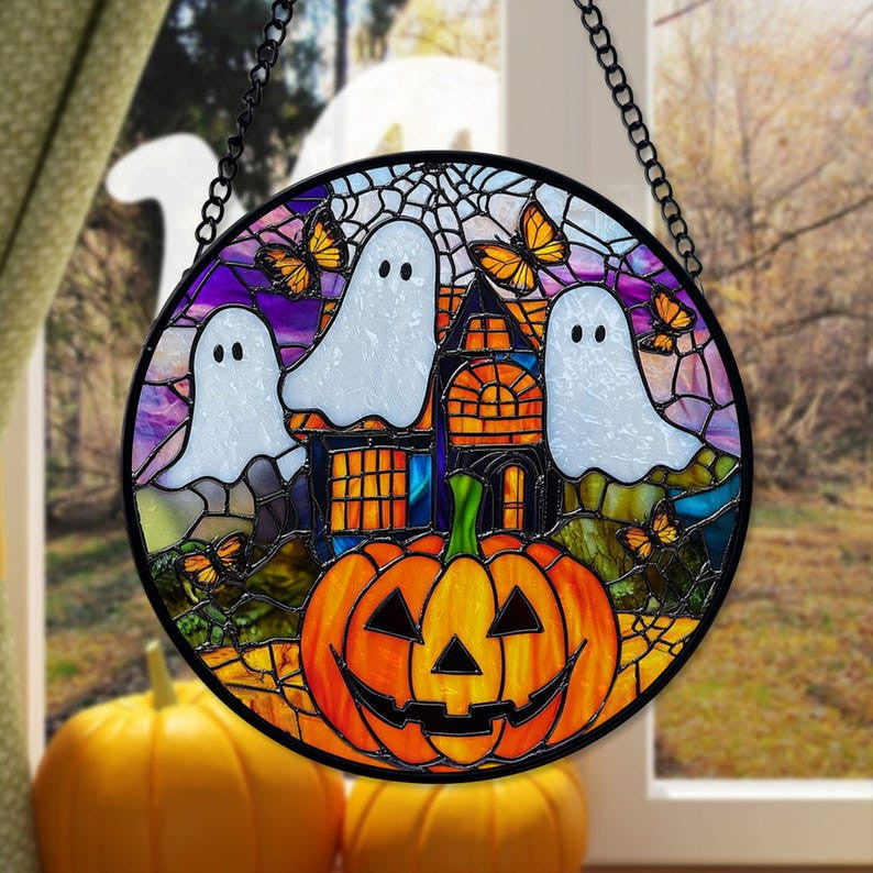 Spooky Ghost Faux Faux Stained Glass Suncatcher, Spooky Ghost and Pumpkin Decor, Halloween Decor, Halloween Gifts, Spooky Vibes Gift