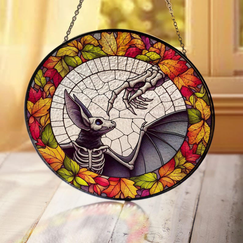 Skeleton Touching Skull Bat Boop Faux Stained Glass Suncatcher Decor, Bat Window Hanging Decor, Halloween Suncatcher, Halloween Bat Suncatcher