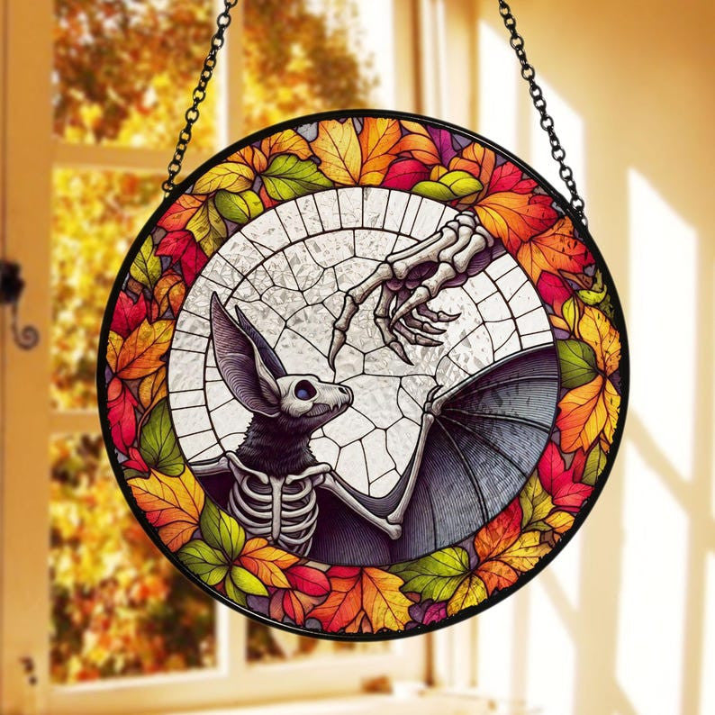 Skeleton Touching Skull Bat Boop Faux Stained Glass Suncatcher Decor, Bat Window Hanging Decor, Halloween Suncatcher, Halloween Bat Suncatcher