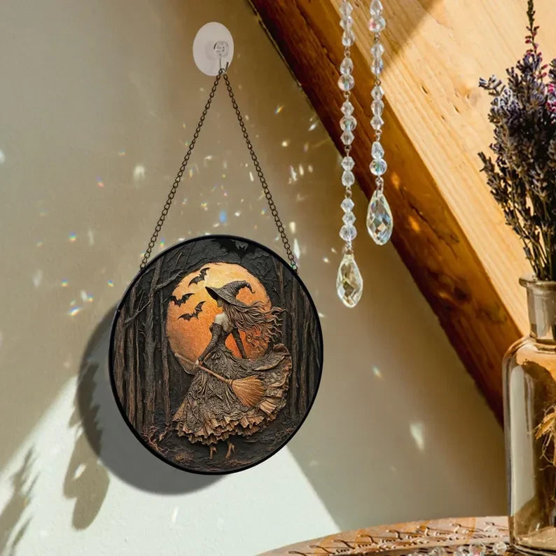 Halloween Witch Faux Stained Glass Window Hanging, Witch Lovers Suncatcher, Witch Halloween Decor, Spooky Window Decor, Witch Art Glass Ornament