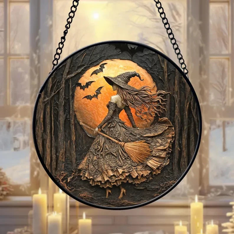 Halloween Witch Faux Stained Glass Window Hanging, Witch Lovers Suncatcher, Witch Halloween Decor, Spooky Window Decor, Witch Art Glass Ornament