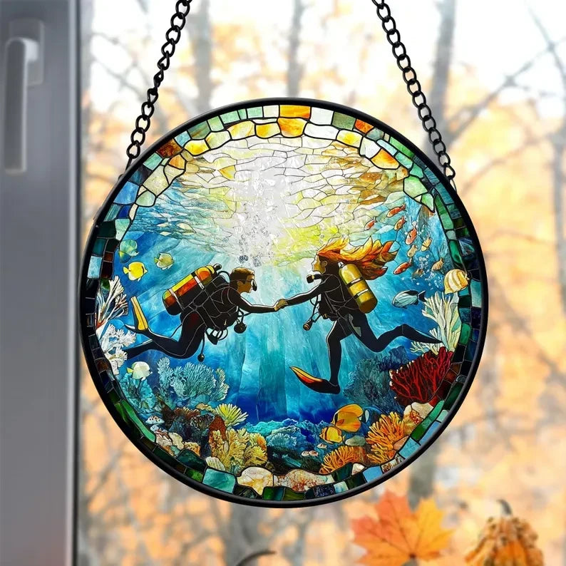Diving Suncatcher, Scuba Diver Suncatcher, Scuba Diver Gifts, Gift for Diver, Diving Couples Gifts, Christmas Gifts, Birthday Gifts