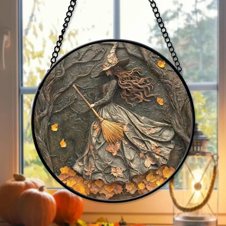 Halloween Witch Faux Stained Glass Window Hanging, Witch Lovers Suncatcher, Witch Halloween Decor, Spooky Window Decor, Witch Art Glass Ornament