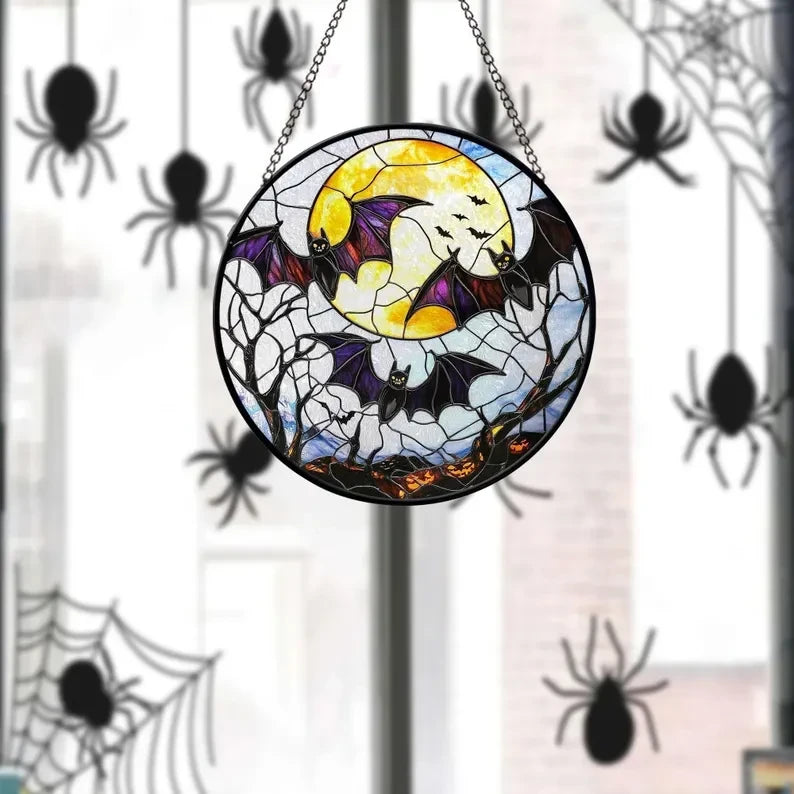 Halloween Bats Faux Stained Glass Window Hanging, Gothic Bats Suncatcher, Halloween Suncatcher Ornament, Halloween Decoration, Bats with Moon