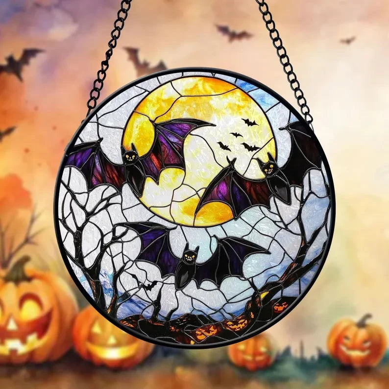 Halloween Bats Faux Stained Glass Window Hanging, Gothic Bats Suncatcher, Halloween Suncatcher Ornament, Halloween Decoration, Bats with Moon
