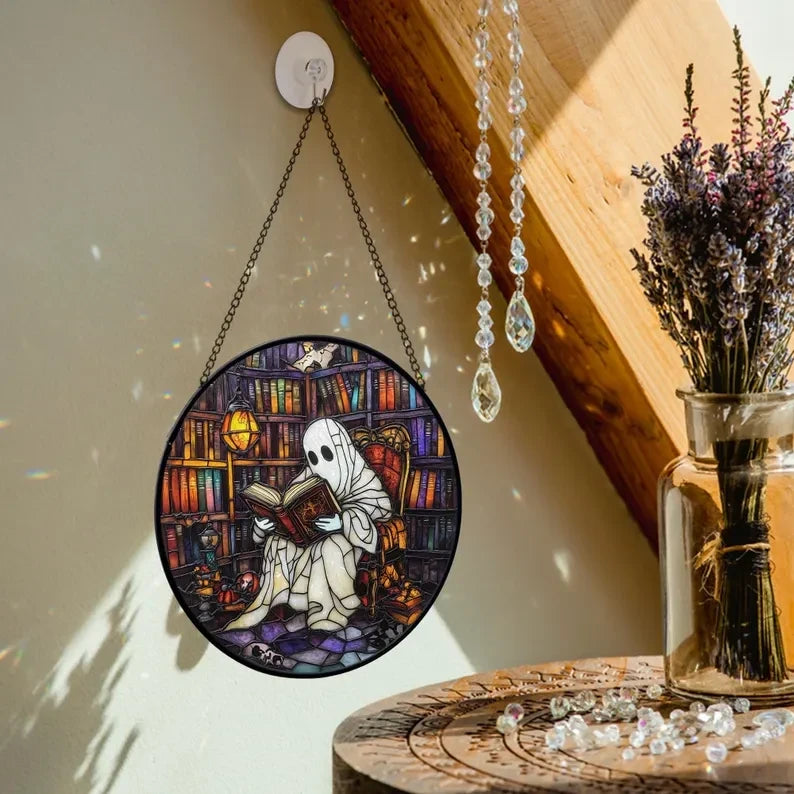 Ghost Reading Books Faux Stained Glass Window Hanging, Bookish Ghost Suncatcher, Halloween Suncatcher Ornament, Halloween Decoration