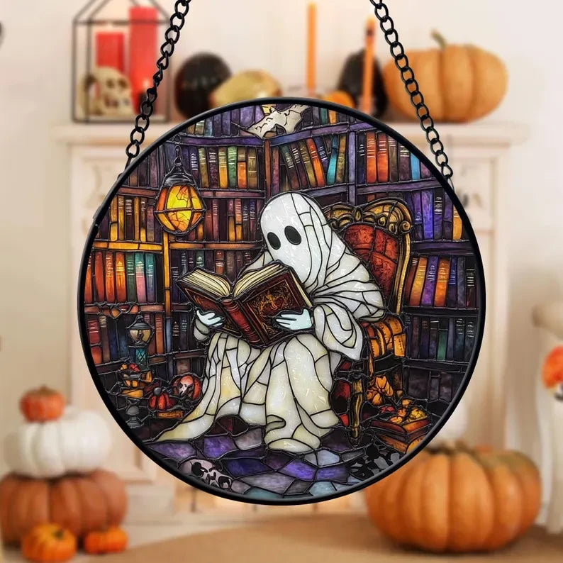 Ghost Reading Books Faux Stained Glass Window Hanging, Bookish Ghost Suncatcher, Halloween Suncatcher Ornament, Halloween Decoration