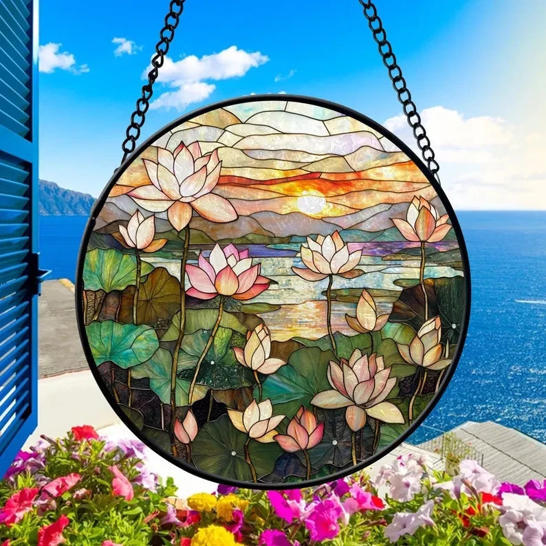 Lotus Field Faux Faux Stained Glass Window Hanging, Birthday Gift For Her, Lotus Flower Suncatcher, Christmas Gift For Mom, Grandma