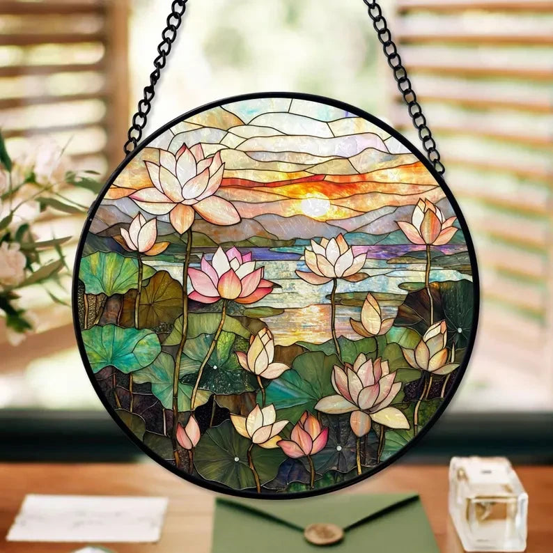 Lotus Field Faux Faux Stained Glass Window Hanging, Birthday Gift For Her, Lotus Flower Suncatcher, Christmas Gift For Mom, Grandma