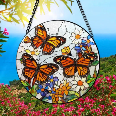 Monarch Butterfly And Flowers Faux Stained Glass Window Hanging, Christmas Gift, Butterfly Suncatcher, Butterfly Lovers Gift , Flower Lovers Gift