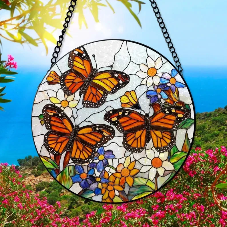 Monarch Butterfly And Flowers Faux Stained Glass Window Hanging, Christmas Gift, Butterfly Suncatcher, Butterfly Lovers Gift , Flower Lovers Gift