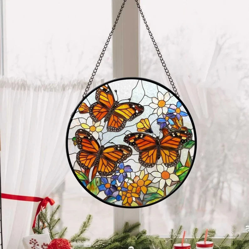 Monarch Butterfly And Flowers Faux Stained Glass Window Hanging, Christmas Gift, Butterfly Suncatcher, Butterfly Lovers Gift , Flower Lovers Gift