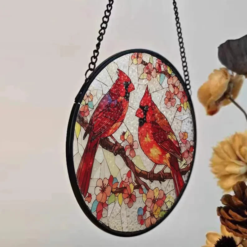 Male and Female Cardinal Lovebirds Faux Stained Glass Suncatcher, Stained Red Cardinal Suncatcher ,Indoor Decor SunCatcher, Birds, Window Hanging