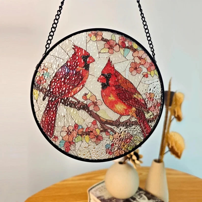 Male and Female Cardinal Lovebirds Faux Stained Glass Suncatcher, Stained Red Cardinal Suncatcher ,Indoor Decor SunCatcher, Birds, Window Hanging