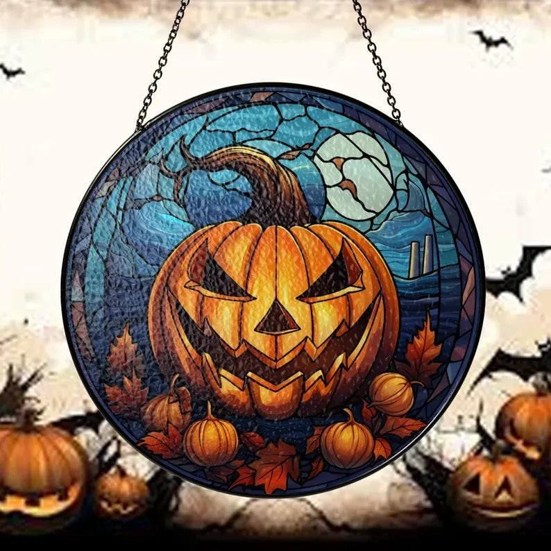 Faux Stained Glass Halloween Pumpkin & Wild Flowers Suncatcher – Festive Window Hanging, Spooky Wall Art, Indoor Decor, Perfect Halloween Gift