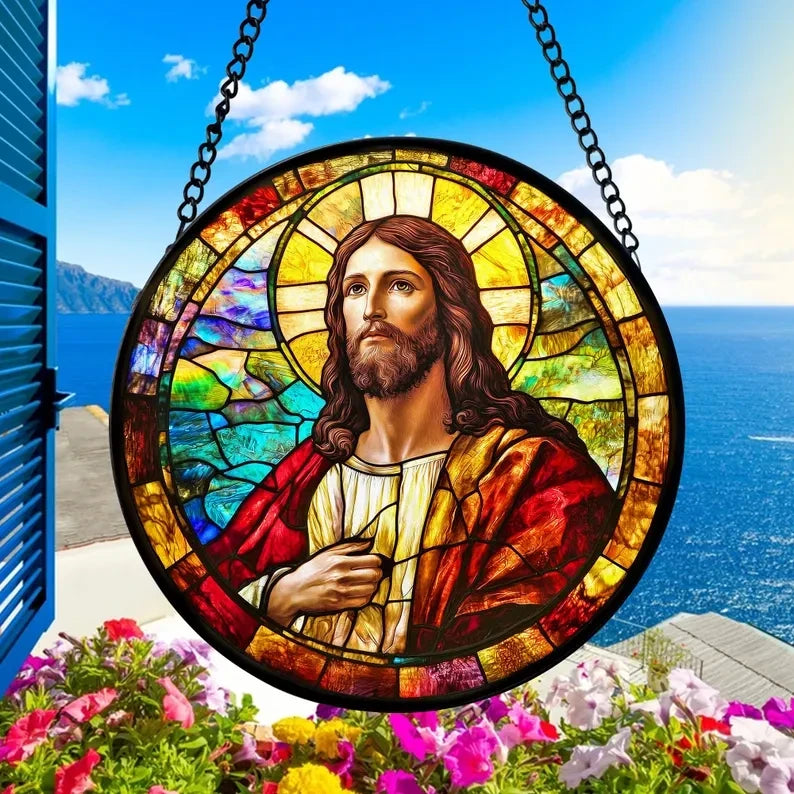 Jesus Faux Faux Stained Glass Window Hanging, Religious Glass Decor For Christian, Christmas Gift, Jesus Christ Suncatcher, Christian Ornament