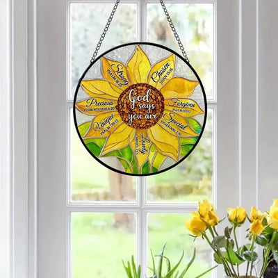Sunflower Faux Faux Stained Glass Window Hanging, Religious Glass Decor For Christian, Christmas Gift, God Says You Are Unique Special Decor Gift